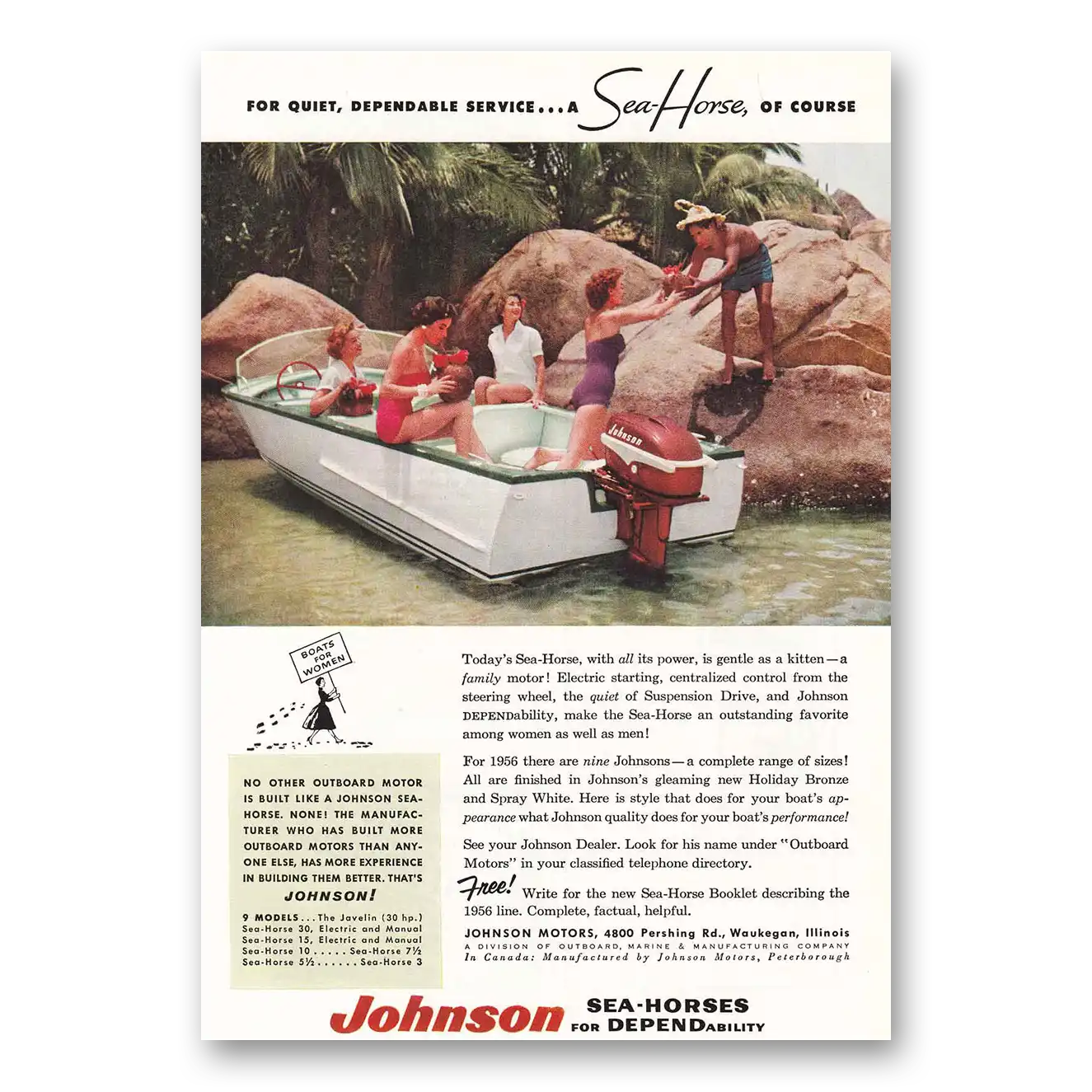 1956 Johnson Sea Horse Motors Gentle as a Kitten Vintage Magazine Print Ad