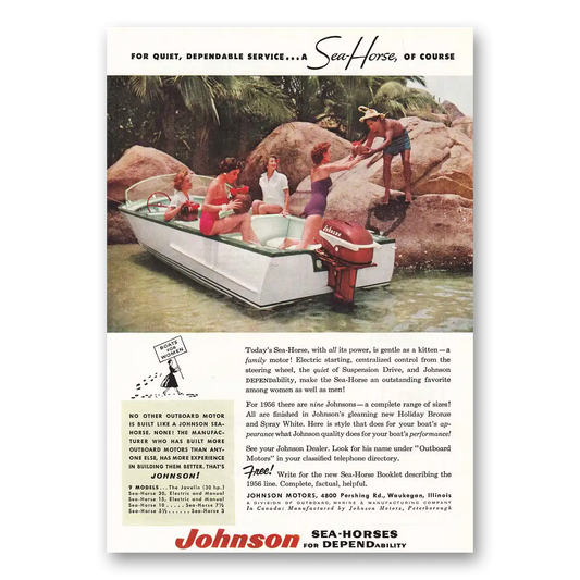 1956 Johnson Sea Horse Motors Gentle as a Kitten Vintage Magazine Print Ad