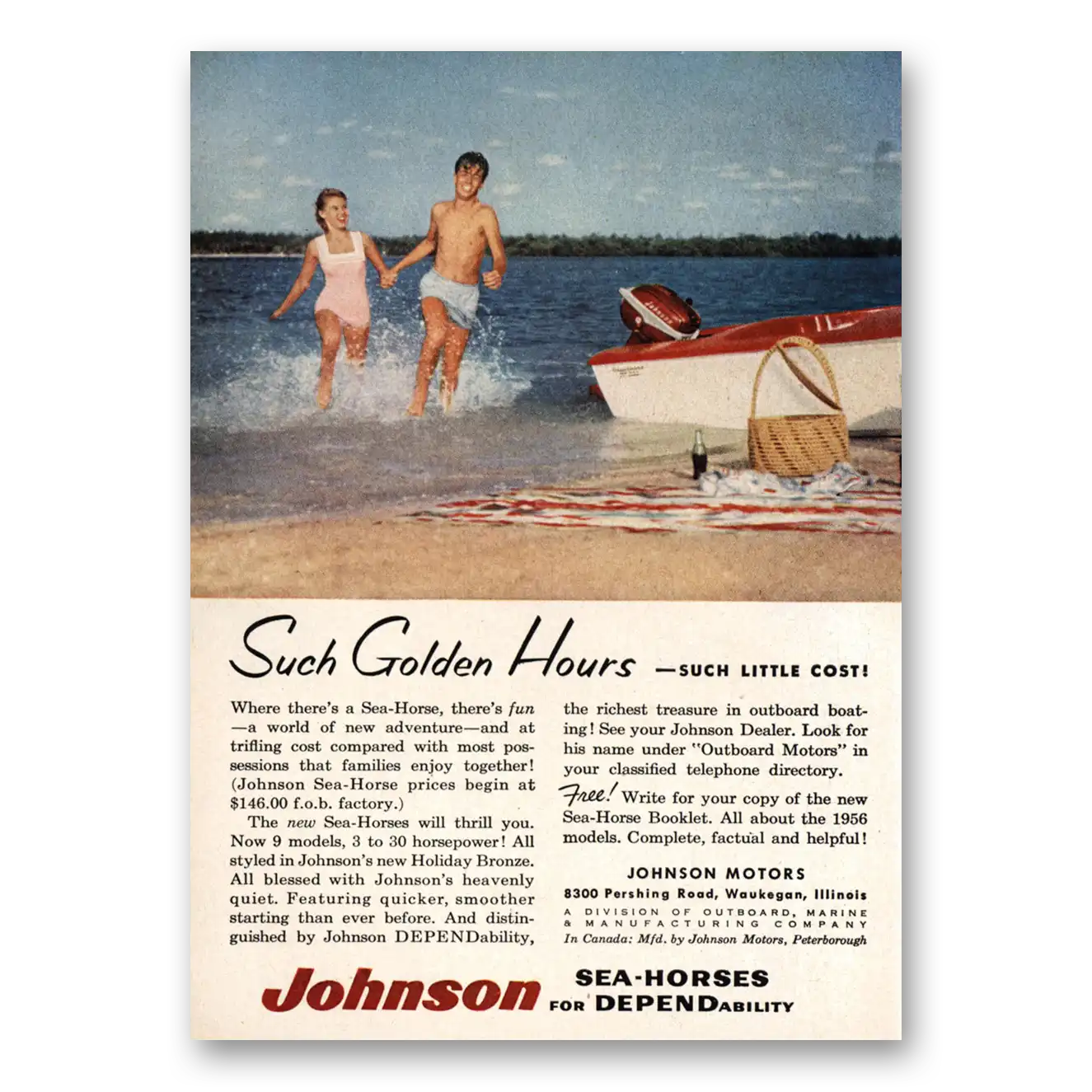 1956 Johnson Sea Horse Motors Such Golden Hours Vintage Magazine Print Ad