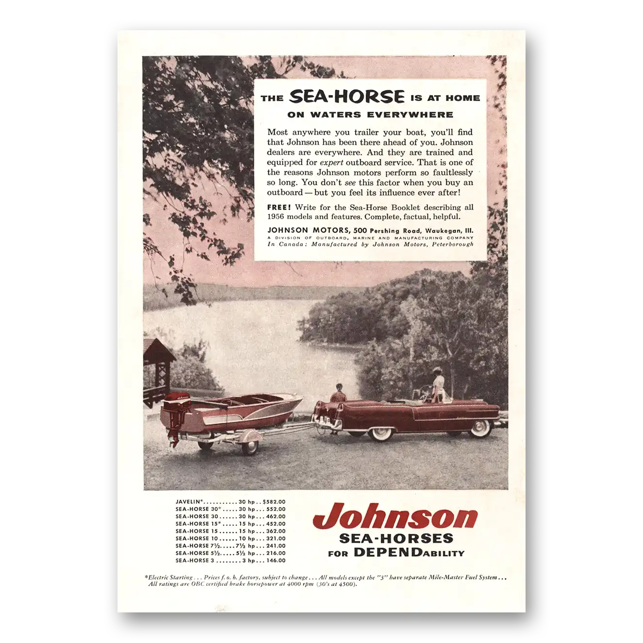 1956 Johnson Sea Horse Motors Home On Waters Everywhere Vintage Magazine Print Ad