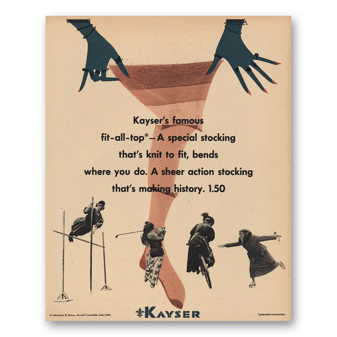 1956 Kayser Hosiery Fit All Top Vintage Magazine Print Ad