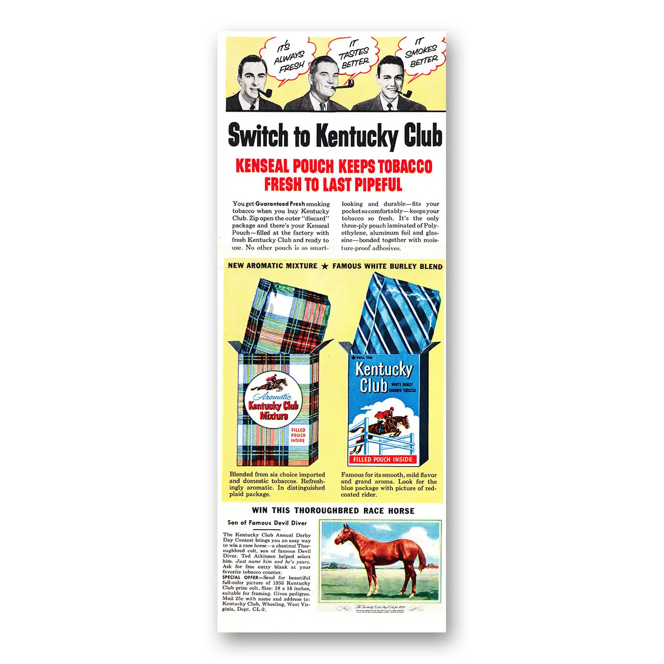 1956 Kentucky Club Pipe Tobacco Kenseal Pouch Vintage Magazine Print Ad