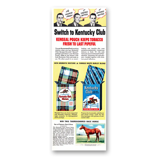 1956 Kentucky Club Pipe Tobacco Kenseal Pouch Vintage Magazine Print Ad