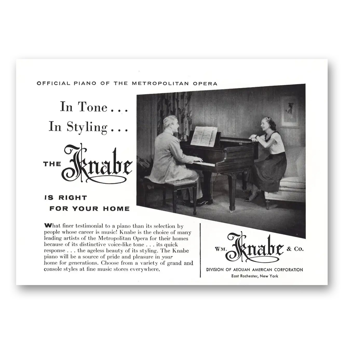 1956 Knabe Piano Official Piano Metropolitan Opera Vintage Magazine Print Ad