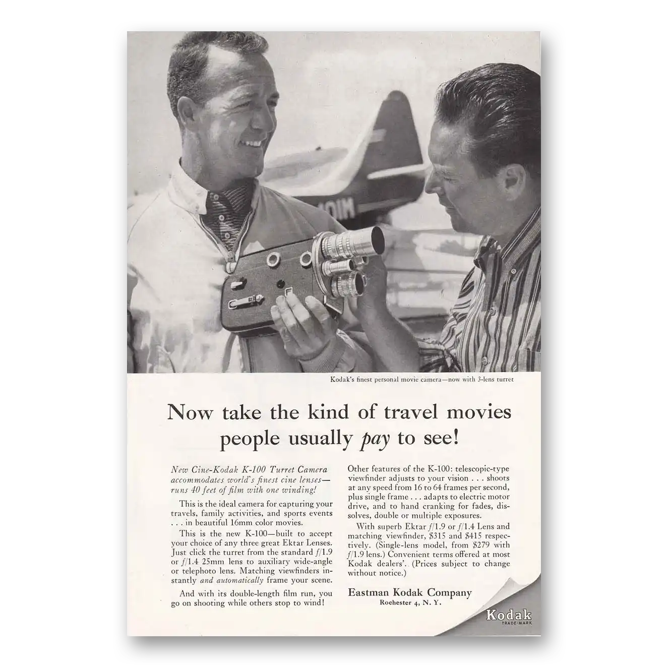 1956 Kodak Movie Camera Travel Movies Airplane Vintage Magazine Print Ad