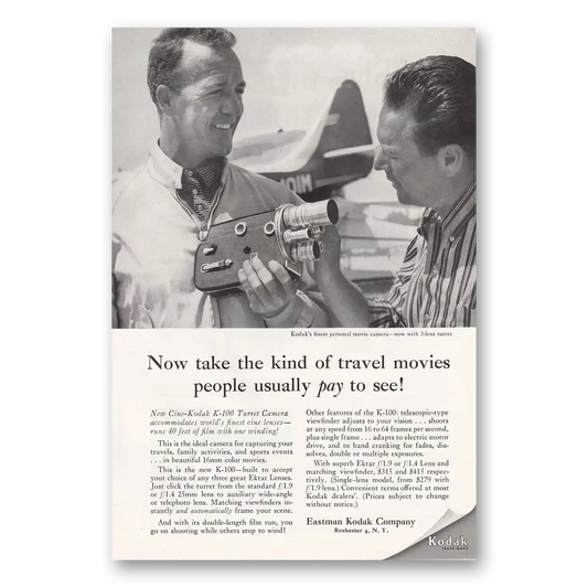 1956 Kodak Movie Camera Travel Movies Airplane Vintage Magazine Print Ad