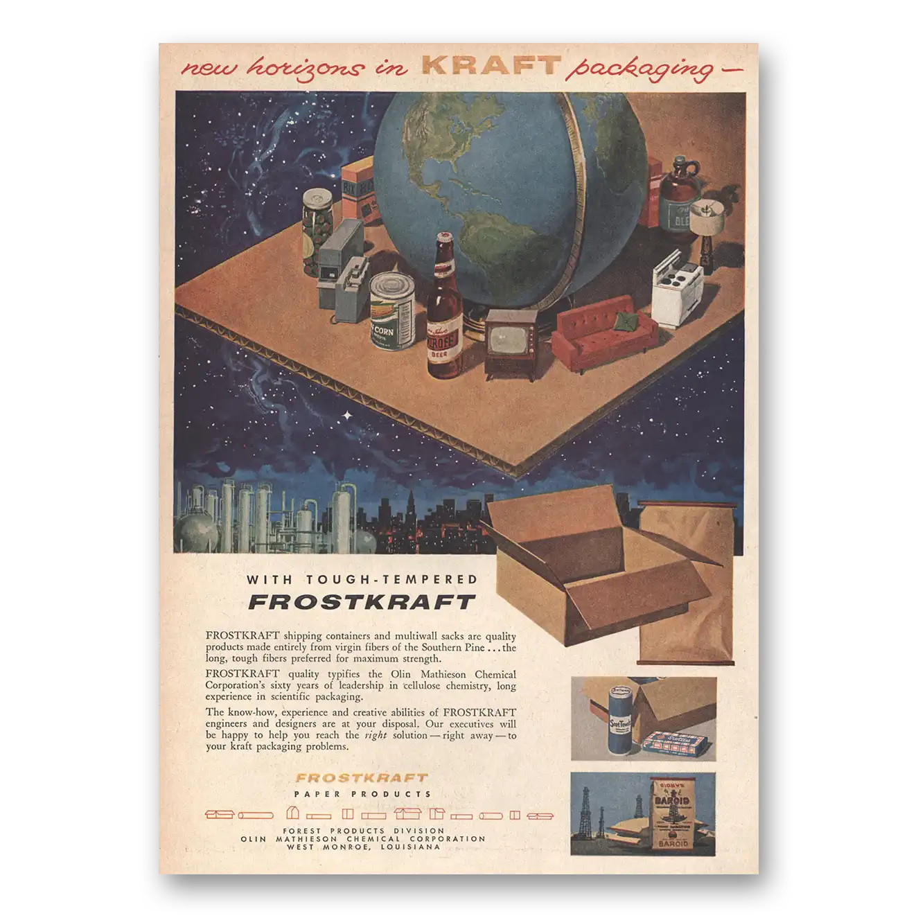 1956 Olin Mathieson Chemical Packaging Tough Tempered Frostkraft Vintage Magazine Print Ad