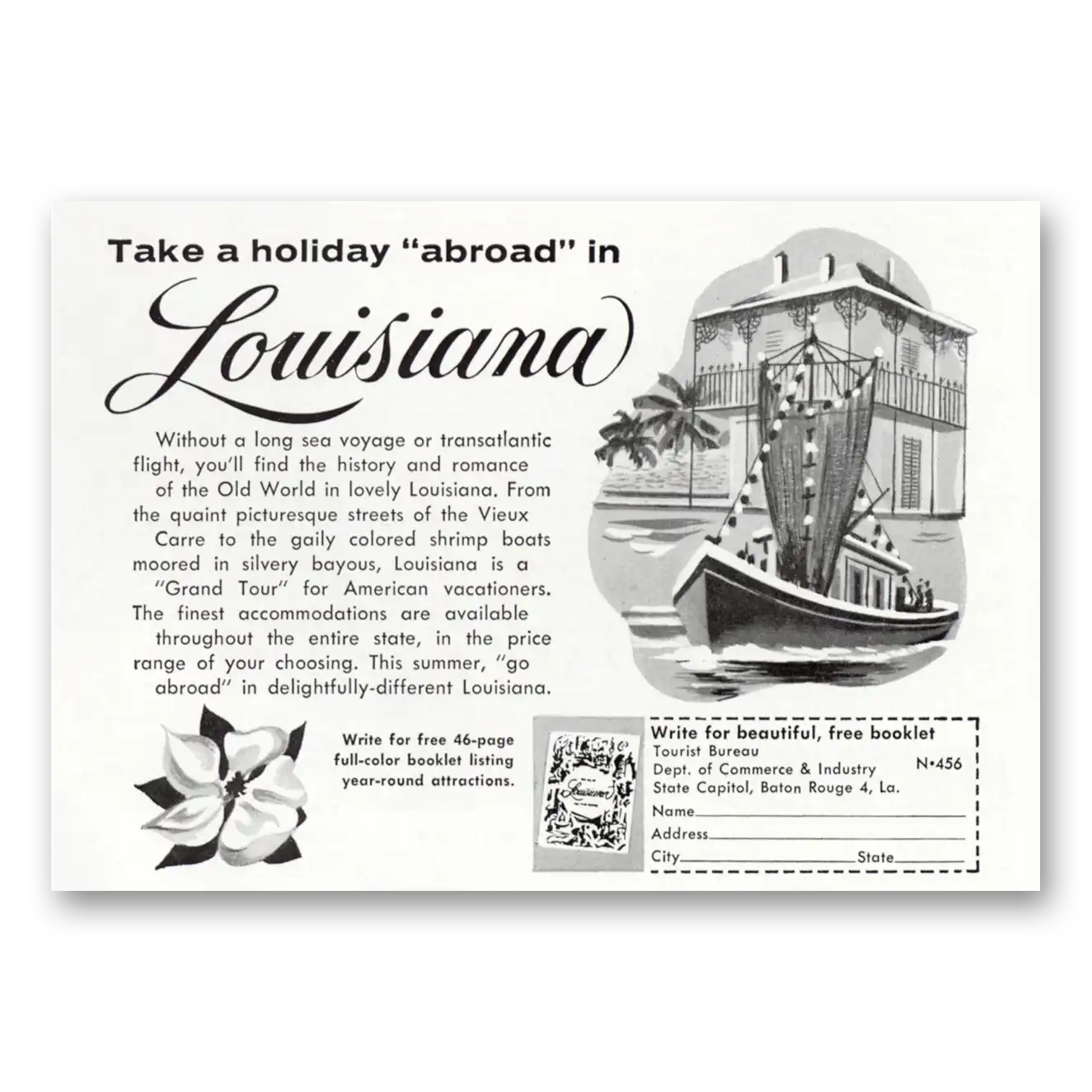 1956 Louisiana Holiday Abroad Vintage Magazine Print Ad