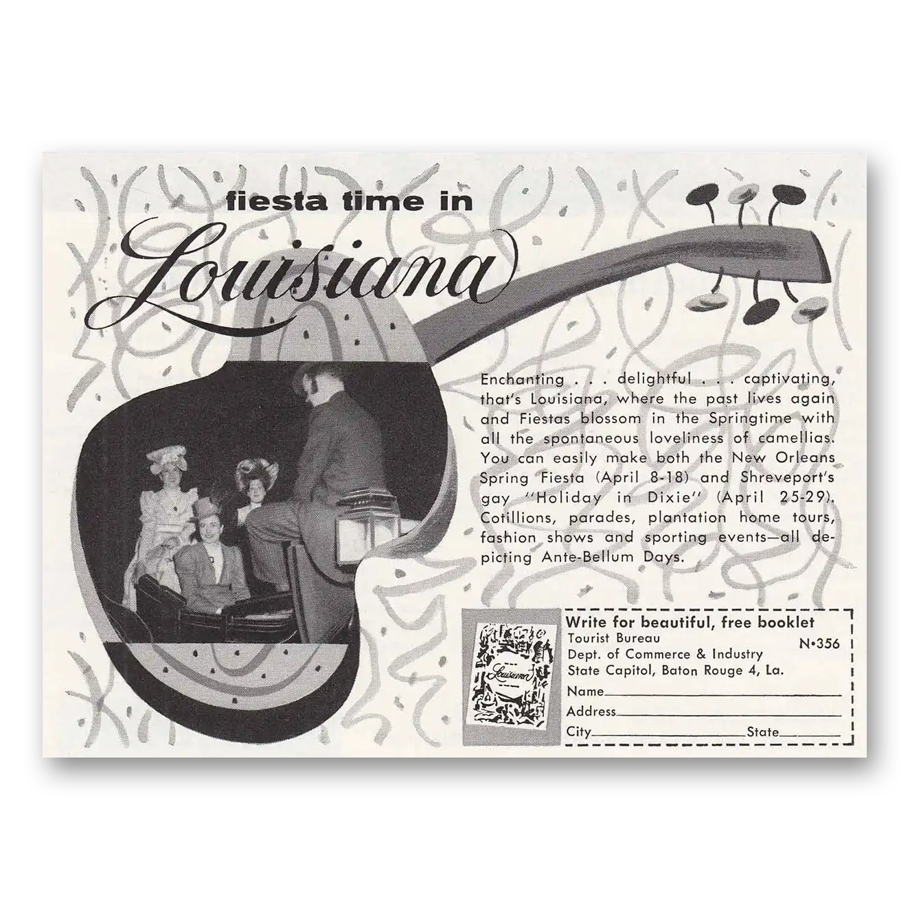 1956 Louisiana Fiesta time in Louisiana Vintage Magazine Print Ad