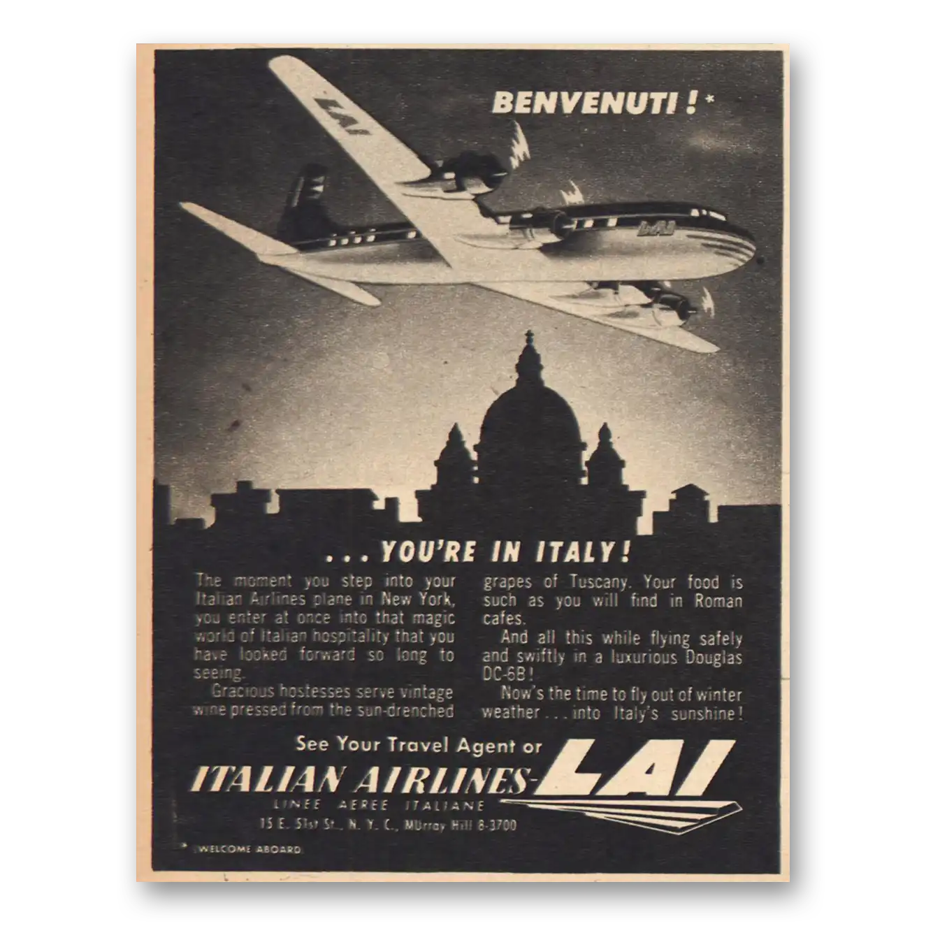 1956 LAI Italian Airlines Benvenuti Vintage Magazine Print Ad