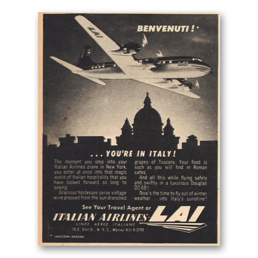 1956 LAI Italian Airlines Benvenuti Vintage Magazine Print Ad