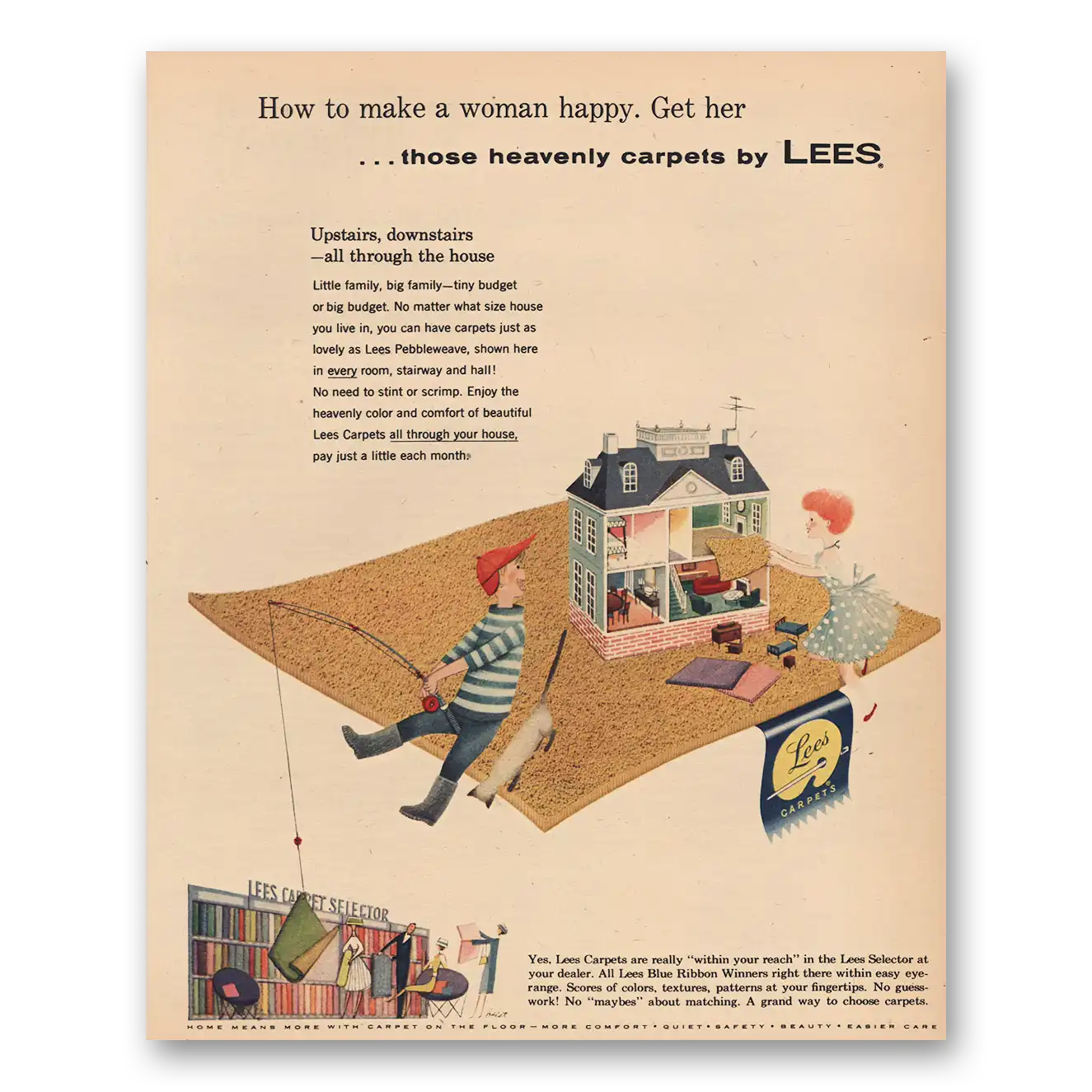 1956 Lees Carpet Make Woman Happy Vintage Magazine Print Ad