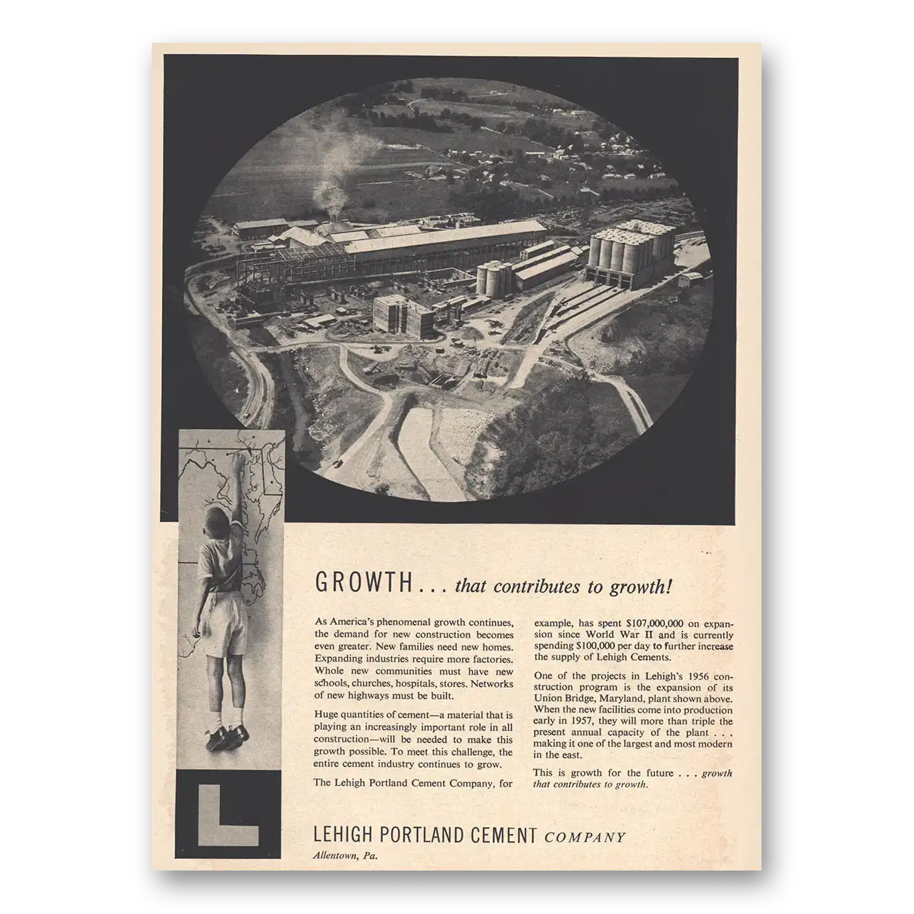 1956 Lehigh Cements Growth That Contributes to Growth Vintage Magazine Print Ad