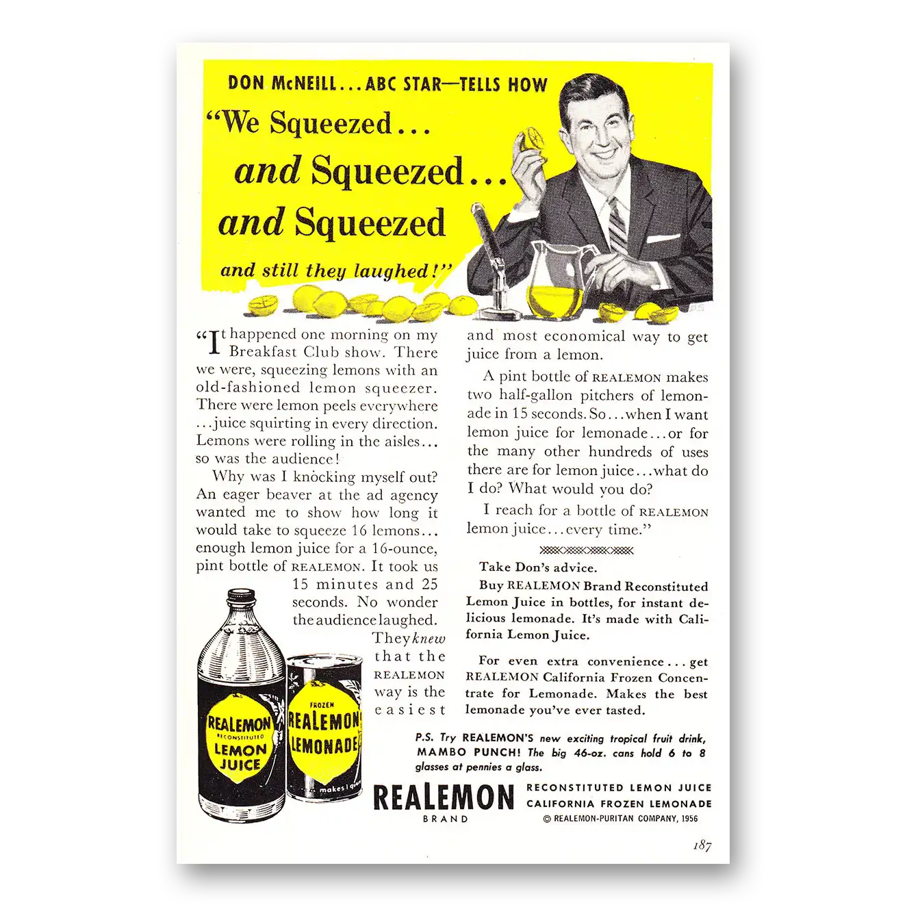 1956 ReaLemon Don McNeill We Squeezed and Squeezed Vintage Magazine Print Ad