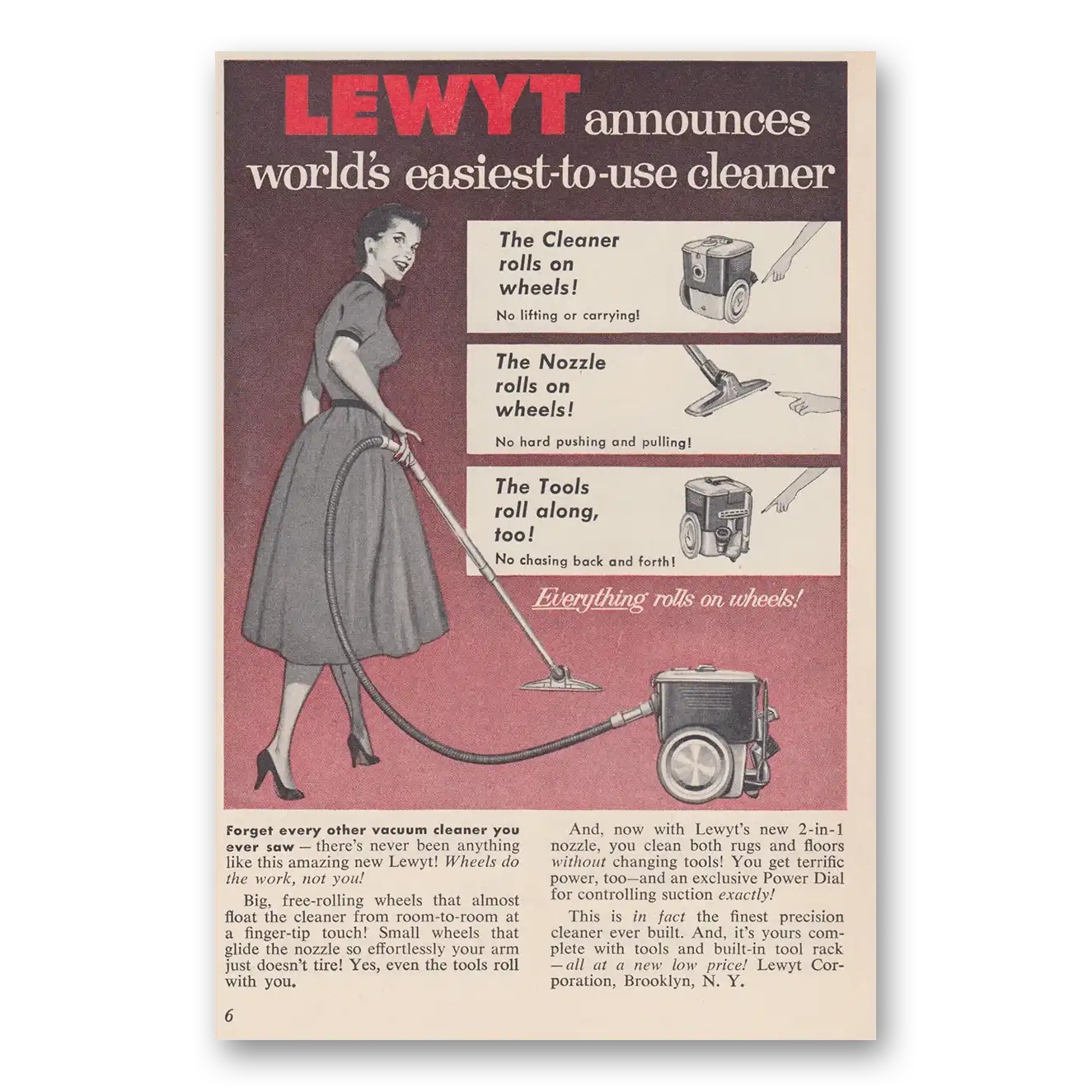 1956 Lewyt Vacuum Cleaner Worlds Easiest To Use Cleaner Vintage Magazine Print Ad