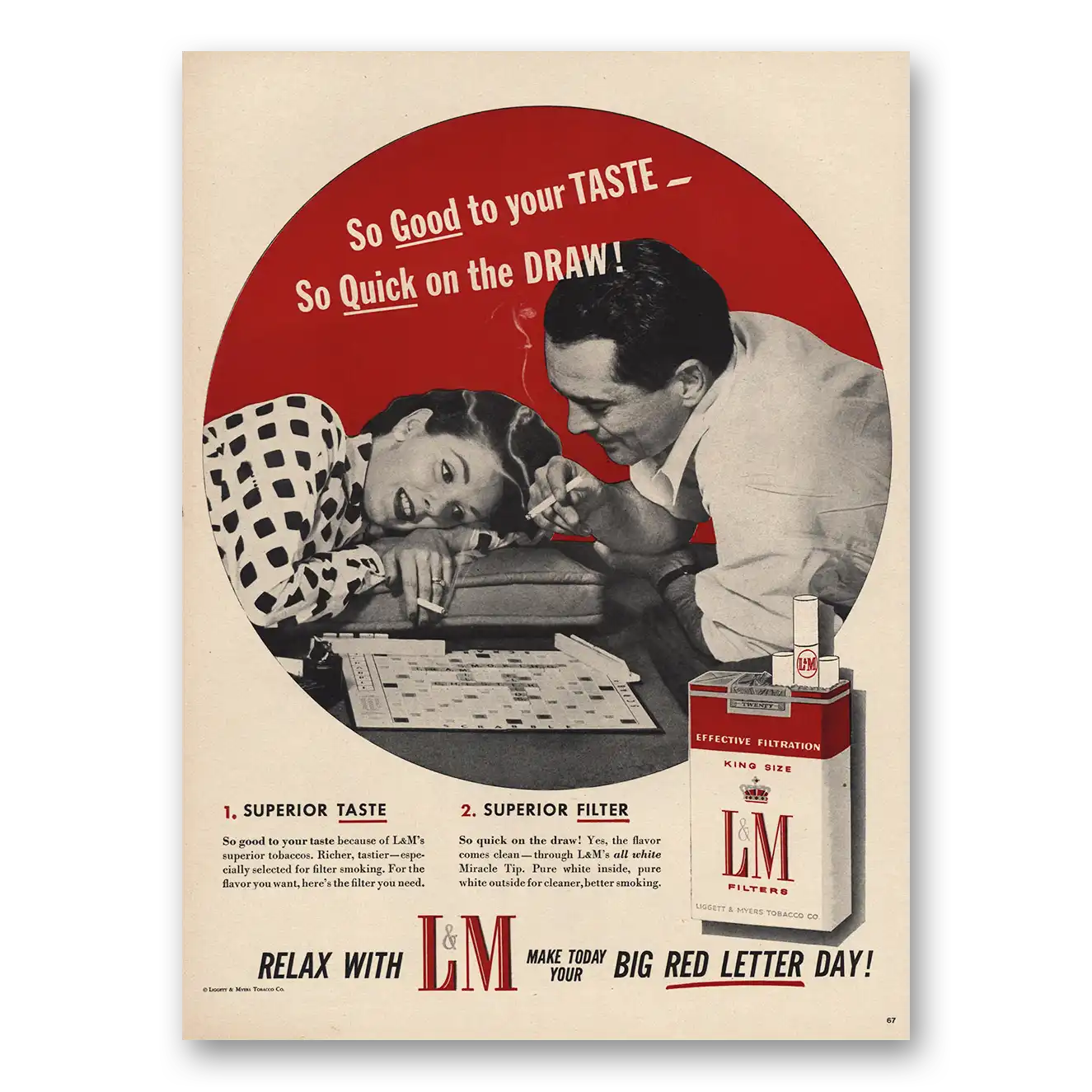 1956 L&M Cigarettes Good To Your Taste Scrabble Game Vintage Magazine Print Ad