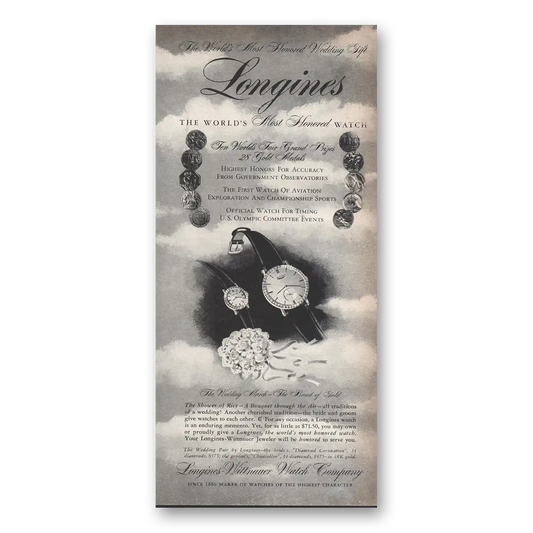 1956 Longines Wittnauer Most Honored Wedding Gift Vintage Magazine Print Ad