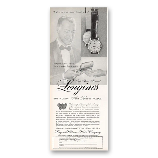 1956 Longines Wittnauer Gives Me Great Pleasure to Bestow Vintage Magazine Print Ad