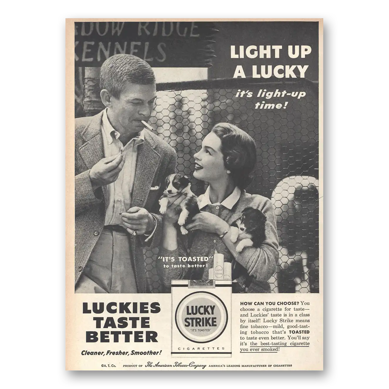 1956 Lucky Strike Cigarettes Light Up a Lucky Puppies Vintage Magazine Print Ad