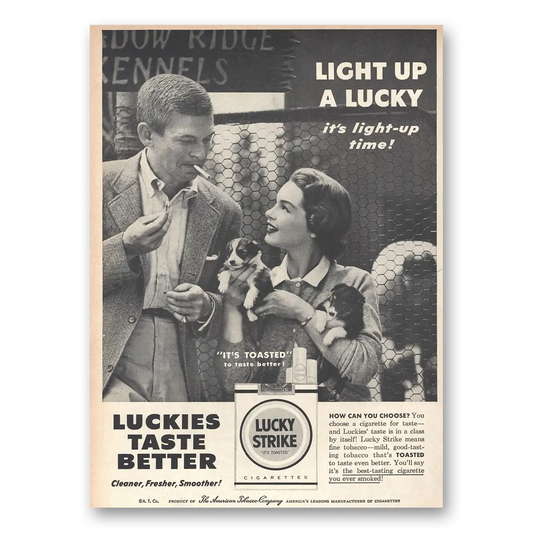 1956 Lucky Strike Cigarettes Light Up a Lucky Puppies Vintage Magazine Print Ad