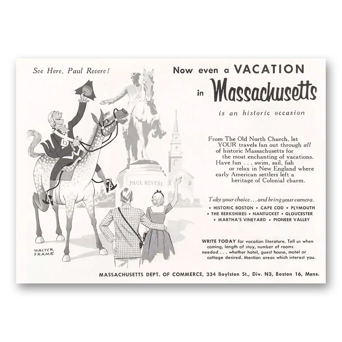 1956 Massachusetts Paul Revere Walter Frame Vintage Magazine Print Ad