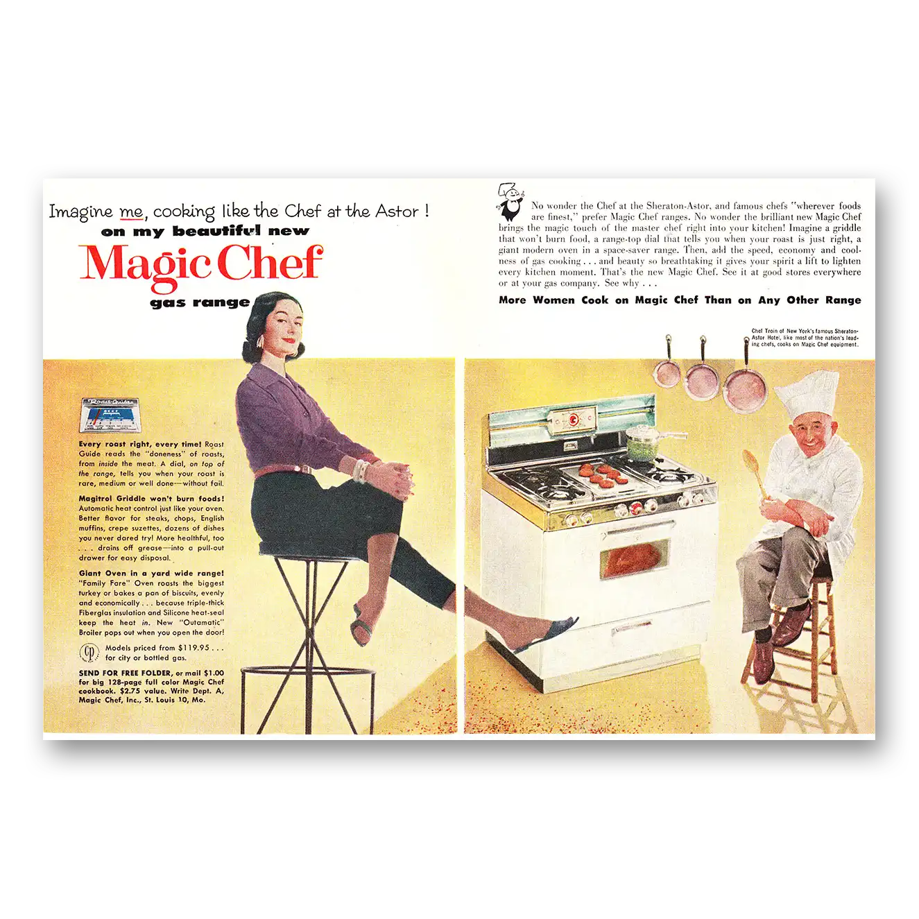 1956 Magic Chef Gas Ranges Imagine Me Cooking Like the Chef at the Astor Vintage Magazine Print Ad