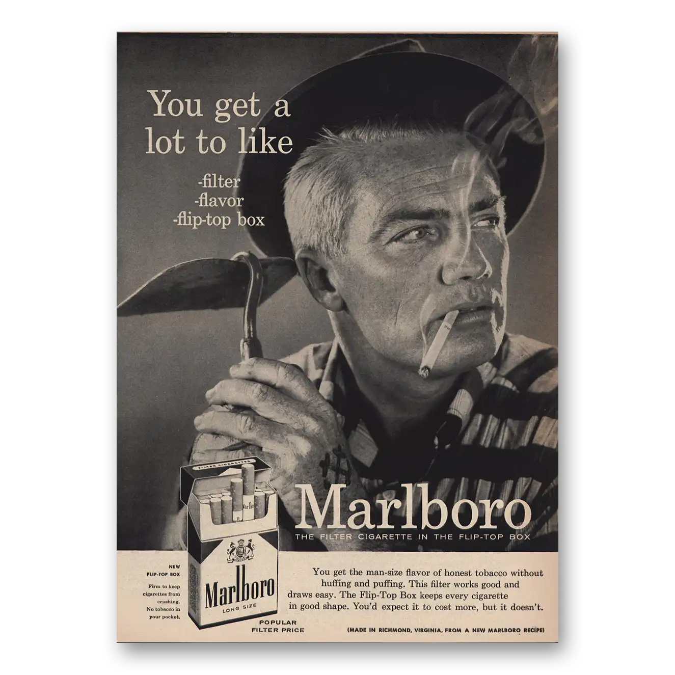 1956 Marlboro Cigarettes You Get a Lot to Like Vintage Magazine Print Ad