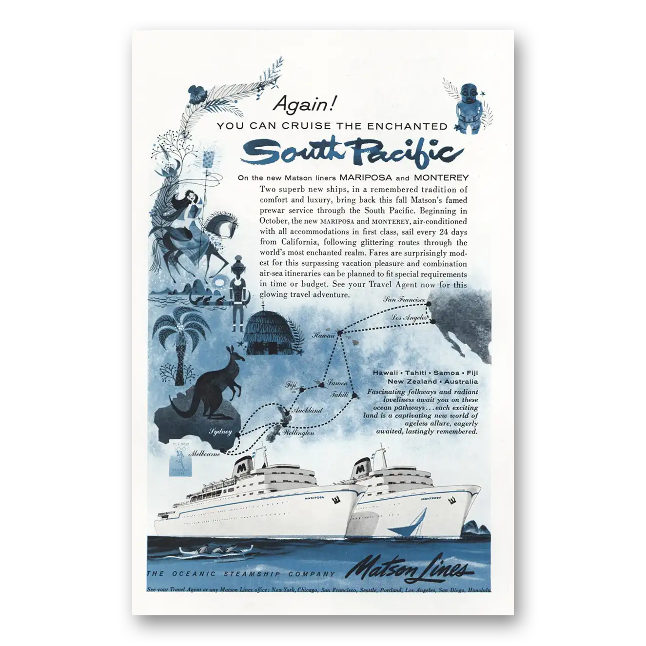 1956 Matson Line South Pacific Mariposa Monterey Vintage Magazine Print Ad