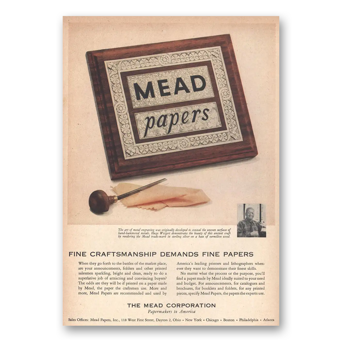 1956 Mead Papers Fine Craftsmanship Vintage Magazine Print Ad