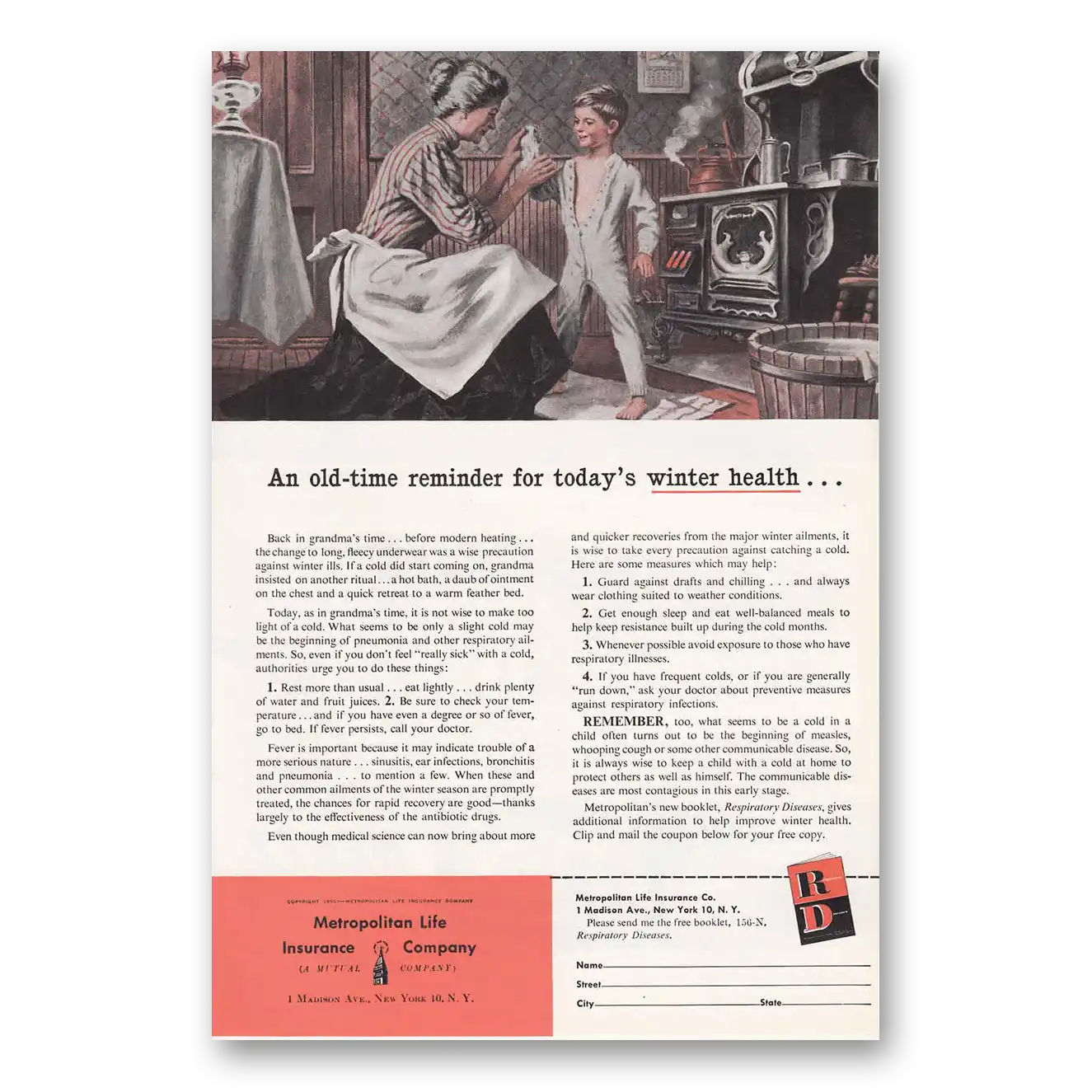 1956 Metropolitan Life Insurance Winter Health Vintage Magazine Print Ad