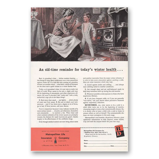 1956 Metropolitan Life Insurance Winter Health Vintage Magazine Print Ad