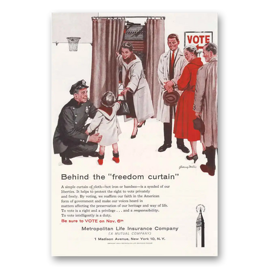 1956 Metropolitan Life Insurance Behind the Freedom Curtain Vote Vintage Magazine Print Ad