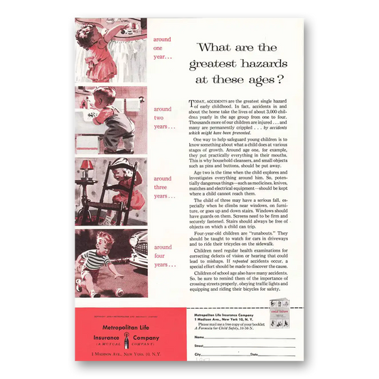 1956 Metropolitan Life Insurance Greatest Hazards Vintage Magazine Print Ad