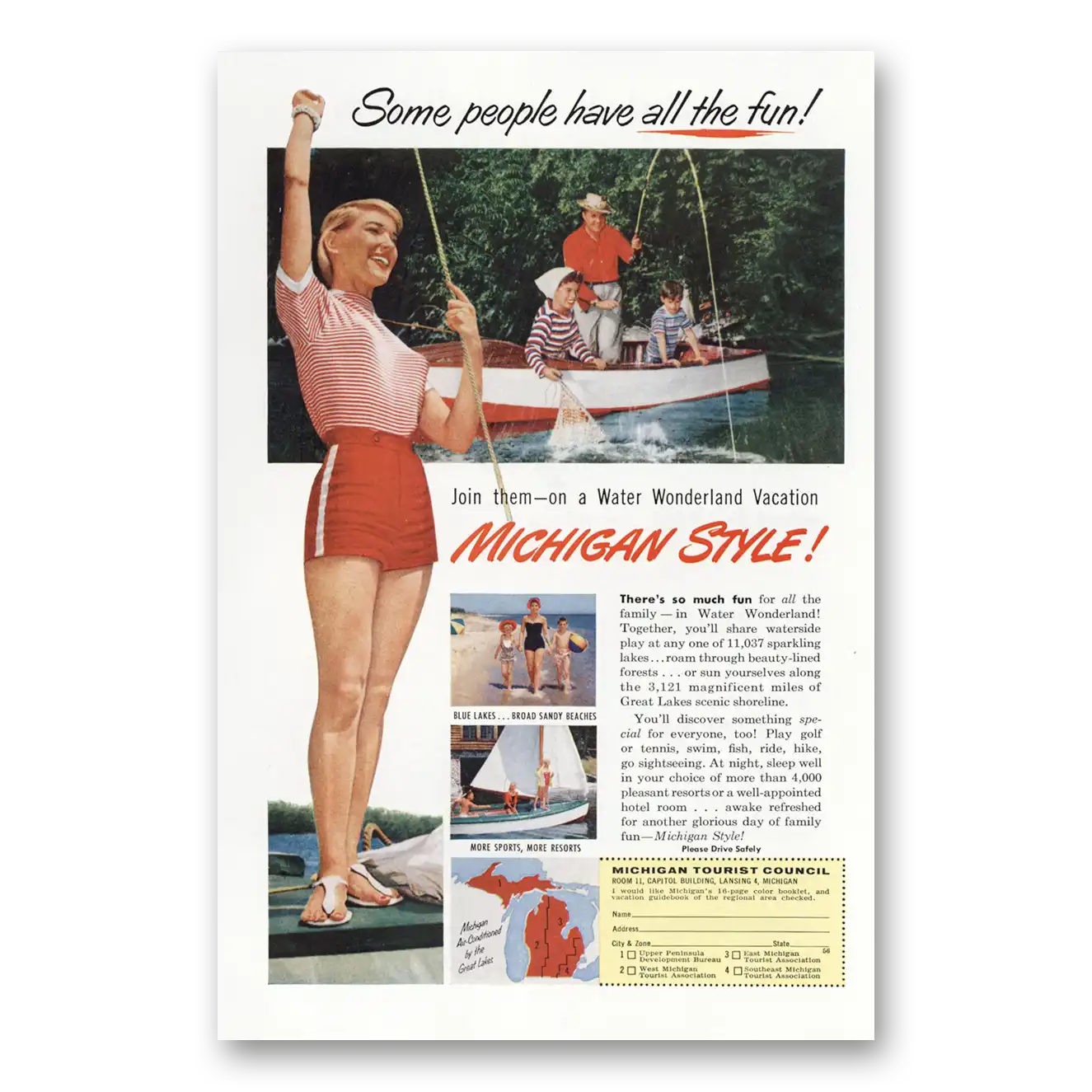 1956 Michigan Water Wonderland Fishing Vintage Magazine Print Ad