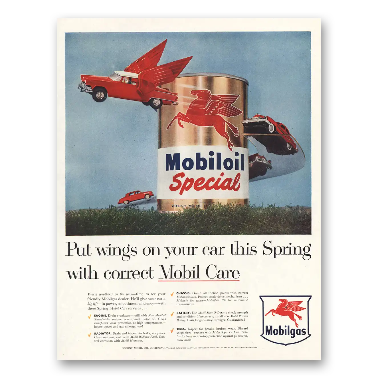 1956 Mobiloil Put Wings On Your Car This Spring Vintage Magazine Print Ad