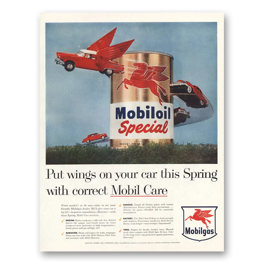 1956 Mobiloil Put Wings On Your Car This Spring Vintage Magazine Print Ad