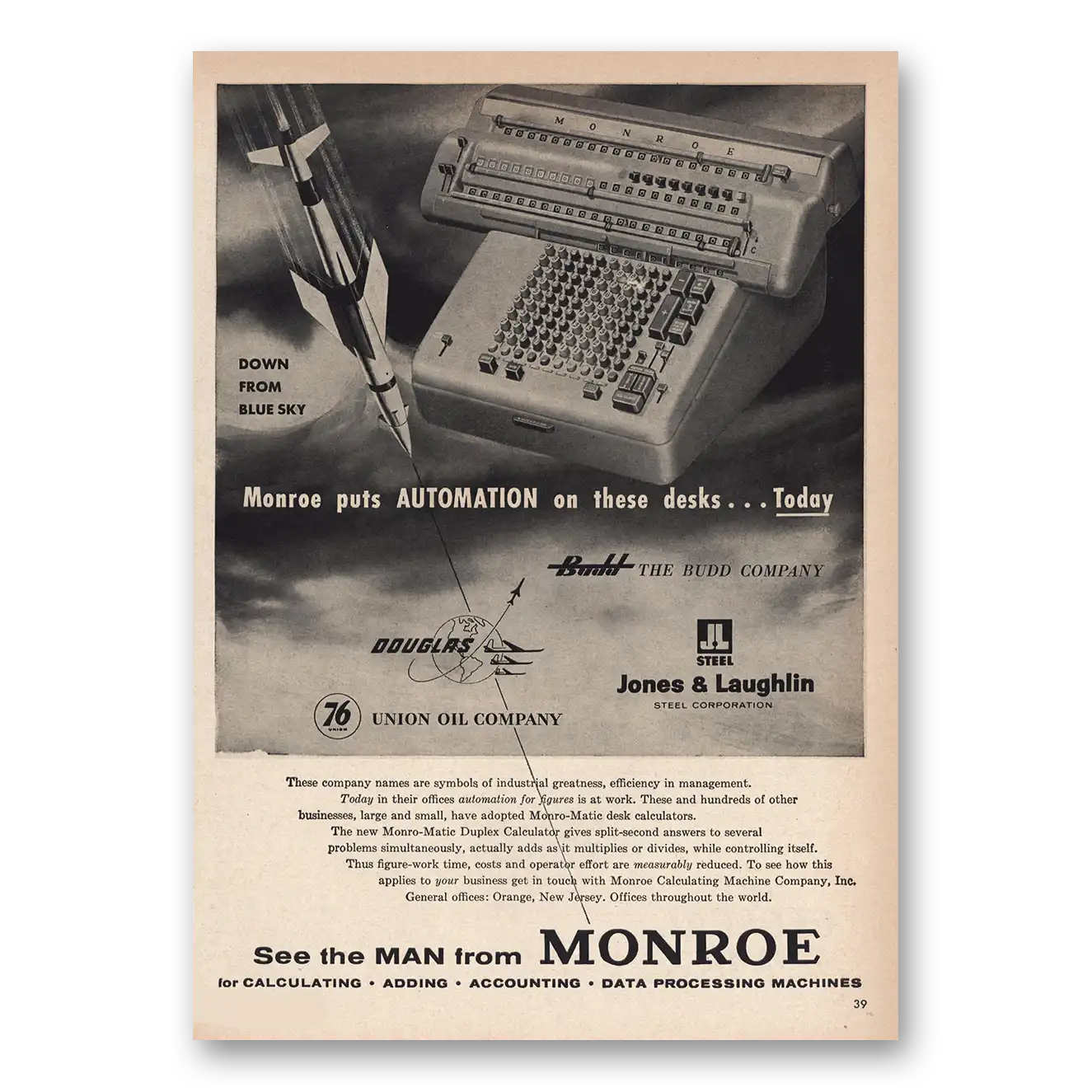 1956 Monroe Calculating Machines Down From Blue Sky Vintage Magazine Print Ad