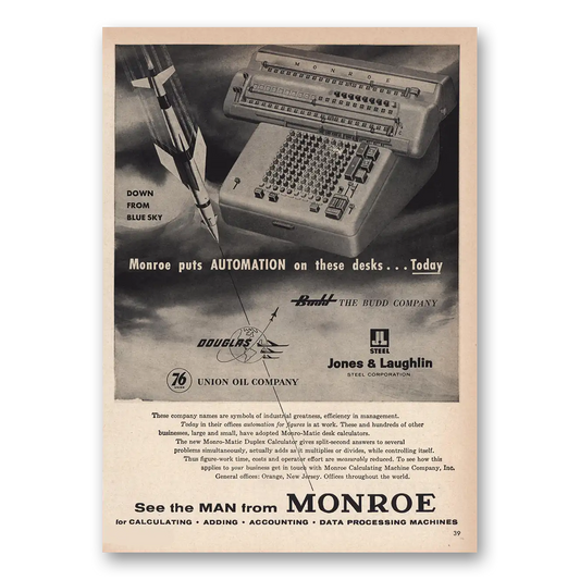 1956 Monroe Calculating Machines Down From Blue Sky Vintage Magazine Print Ad