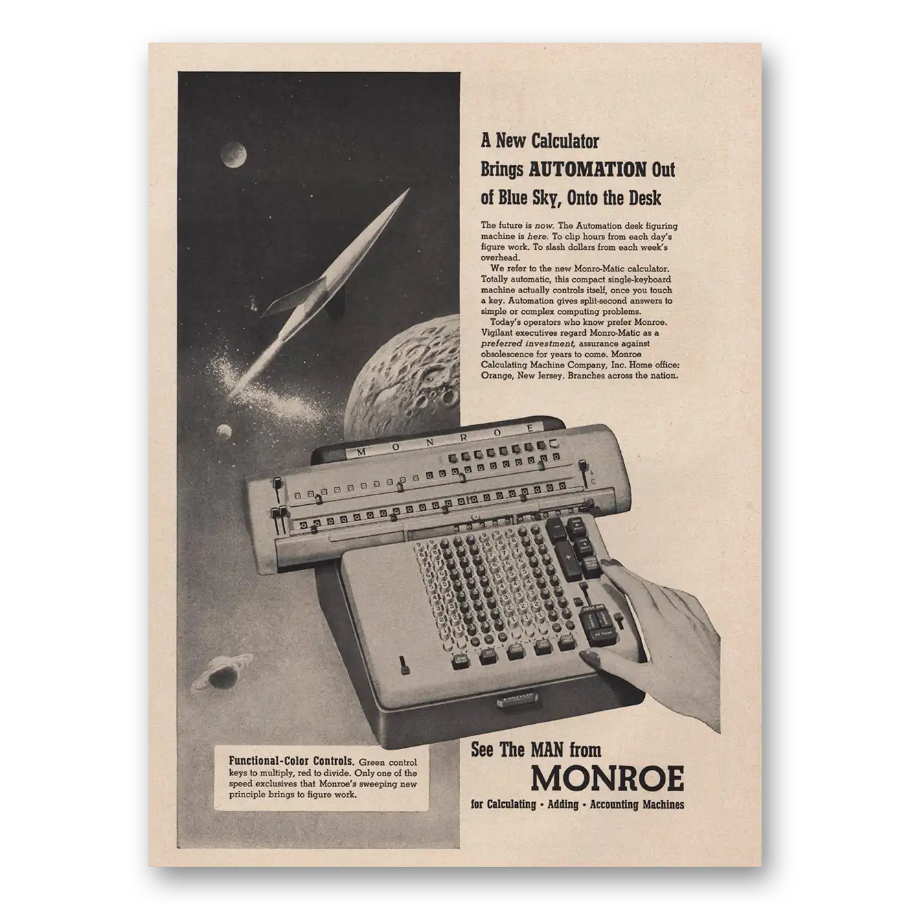 1956 Monroe Calculating Machines Adding Machine Automation Out of Blue Sky Onto the Desk Vintage Magazine Print Ad