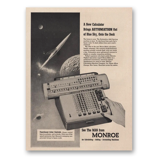 1956 Monroe Calculating Machines Adding Machine Automation Out of Blue Sky Onto the Desk Vintage Magazine Print Ad