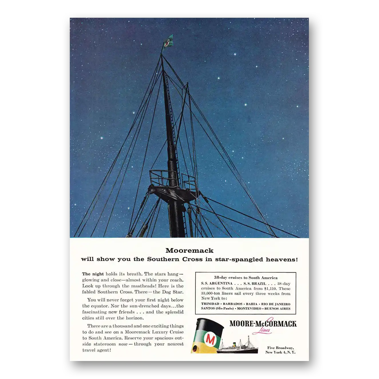 1956 Moore McCormack Lines Mooremack Southern Cross Vintage Magazine Print Ad