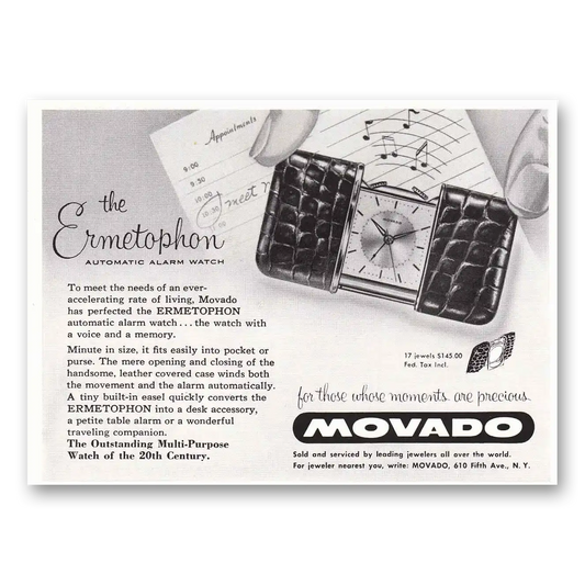 1956 Movado Watch Ermetophon Vintage Magazine Print Ad