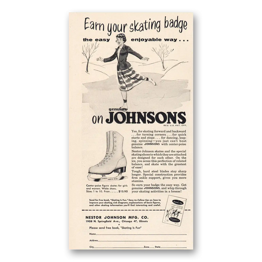 1956 Johnson Figure Skates Girl Scout Skating Badge Vintage Magazine Print Ad