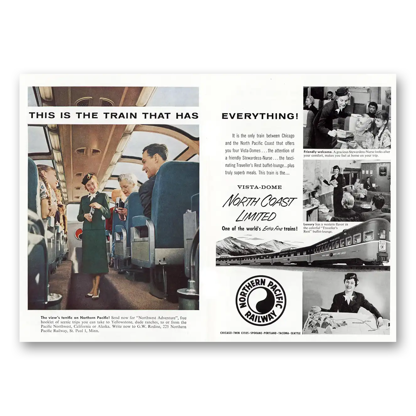 1956 Northern Pacific Railway Train That Has Everything Vintage Magazine Print Ad