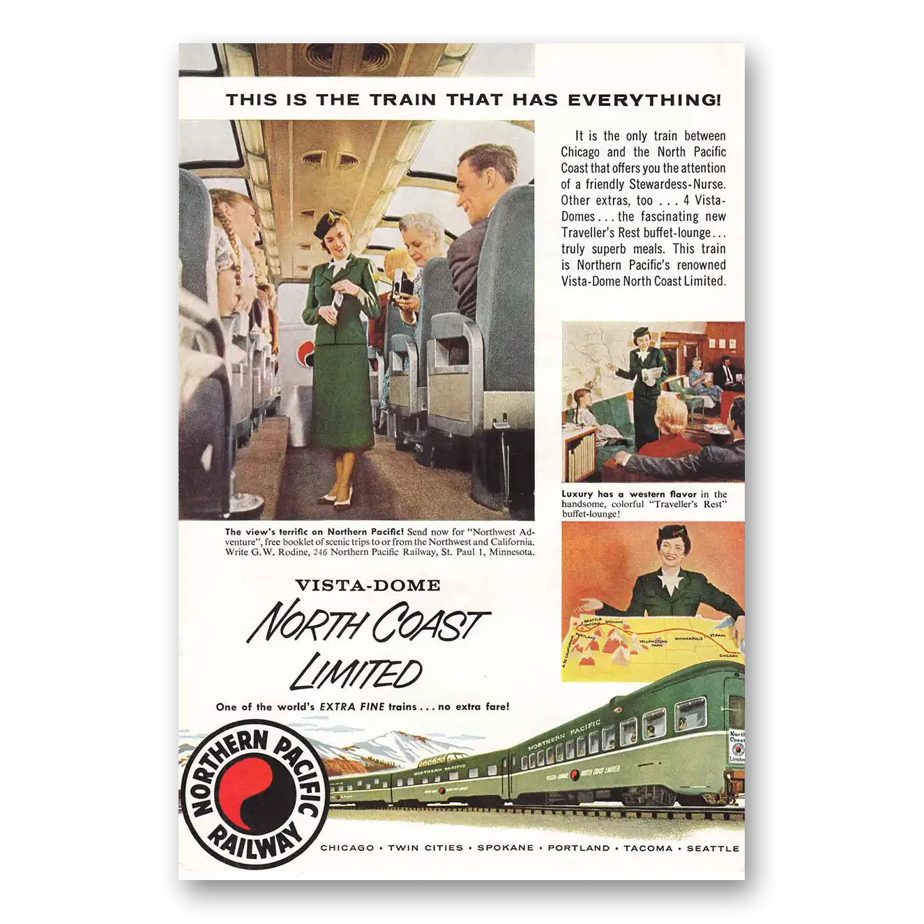 1956 Northern Pacific Railway Vista Dome North Coast Vintage Magazine Print Ad