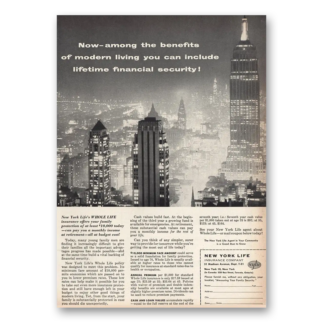 1956 New York Life Insurance Modern Living Skyline Vintage Magazine Print Ad