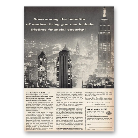 1956 New York Life Insurance Modern Living Skyline Vintage Magazine Print Ad