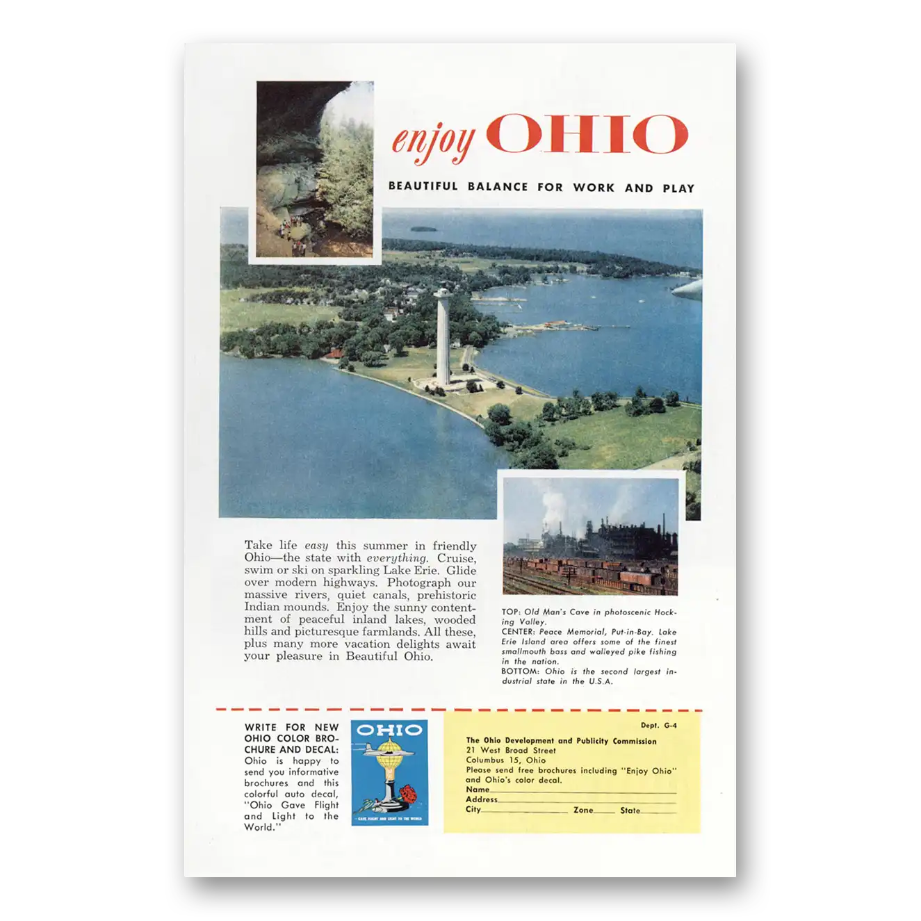 1956 Ohio Peace Memorial Old Mans Cave Put In Bay Vintage Magazine Print Ad