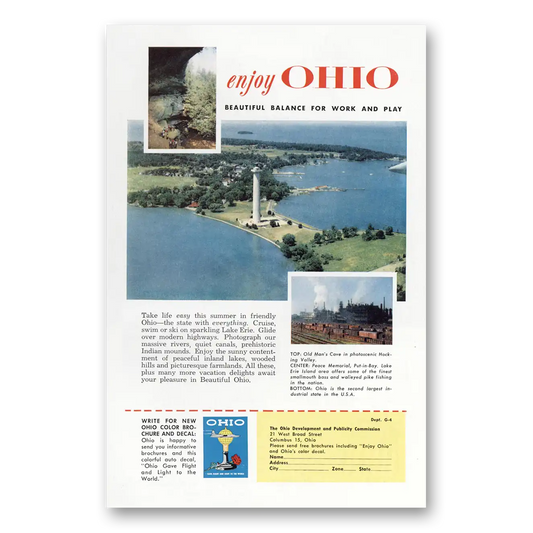 1956 Ohio Peace Memorial Old Mans Cave Put In Bay Vintage Magazine Print Ad