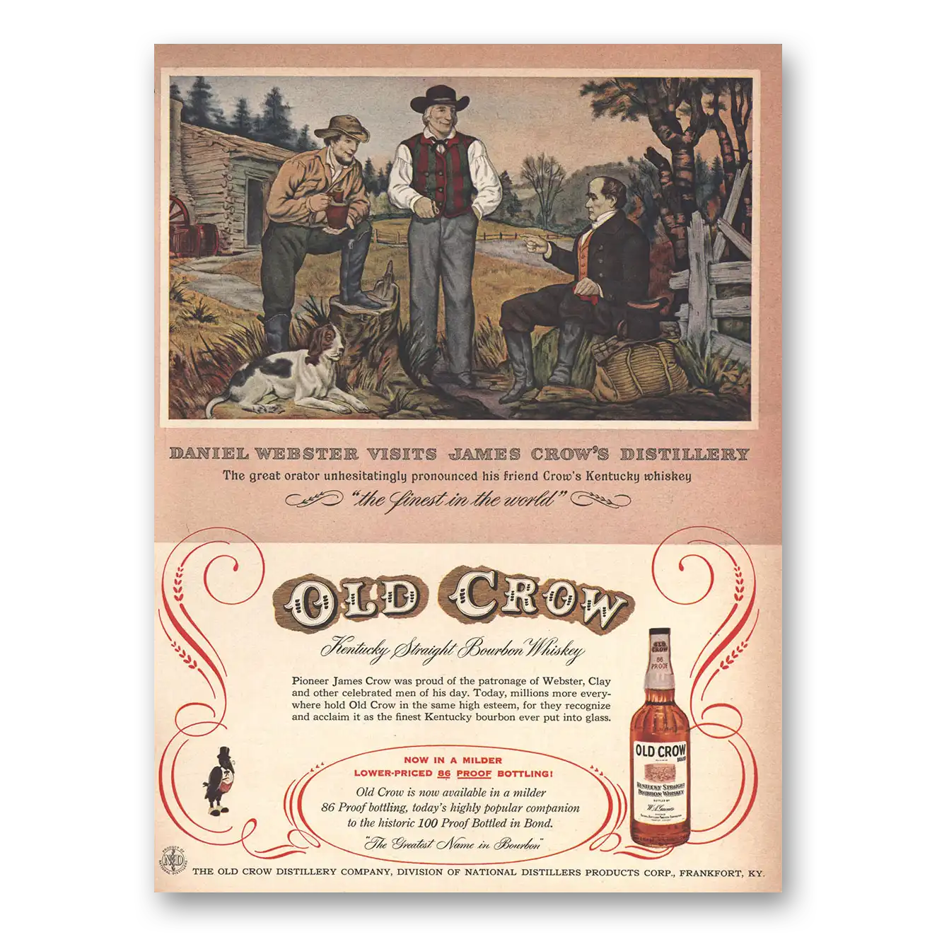 1956 Old Crow Whiskey Daniel Webster Visits Vintage Magazine Print Ad